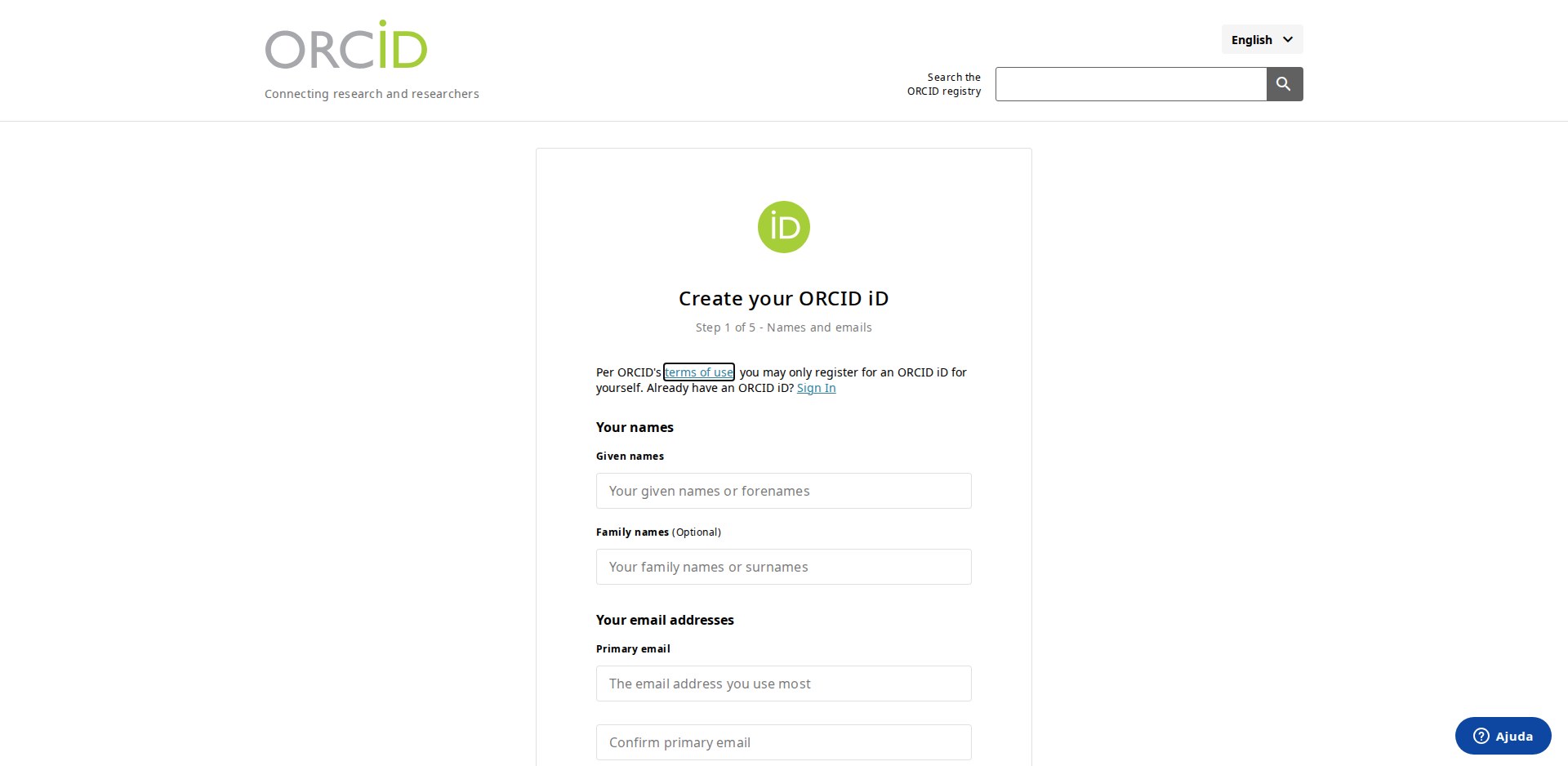 Formulário Create your ORCID iD, Step 1 of 4 - Names and emails, com os campos Given names, Family names (optional), Primary email e Confirm primary email e o aviso para verificar se já existe um iD