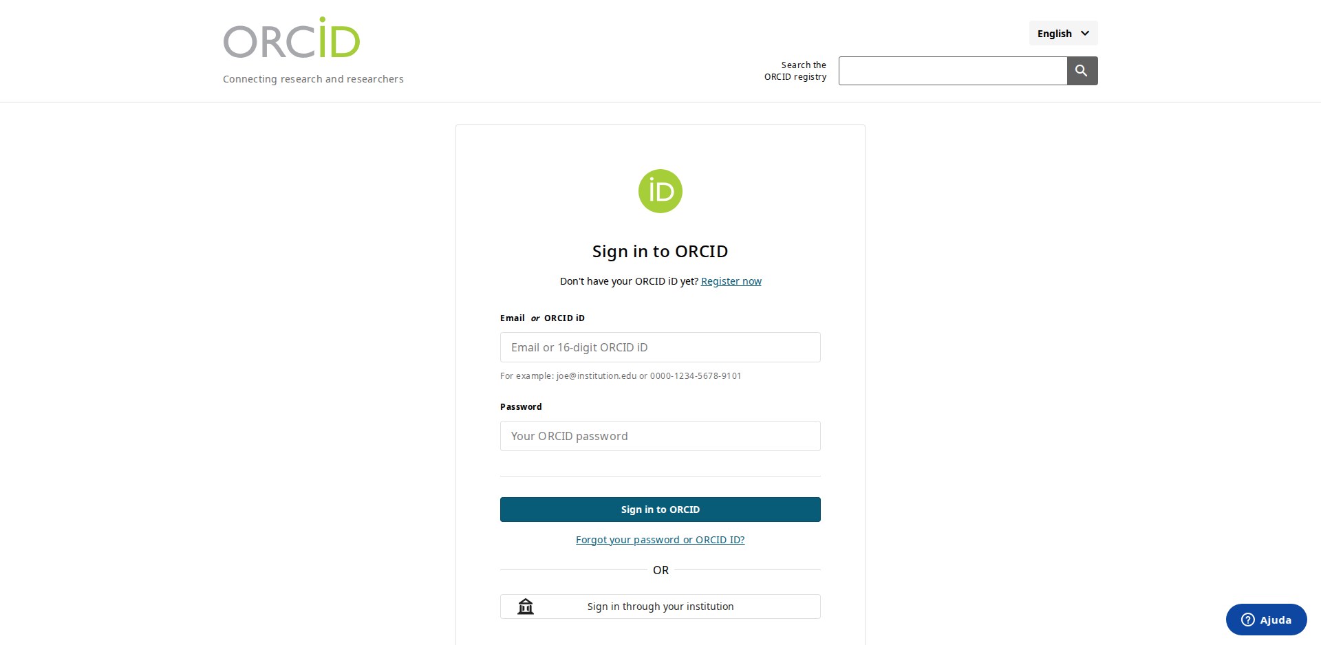 Página Sign in to ORCID com o campo Email or 16-digit ORCID iD, o campo de senha, a opção Sign in through your institution e a entrada por conta social