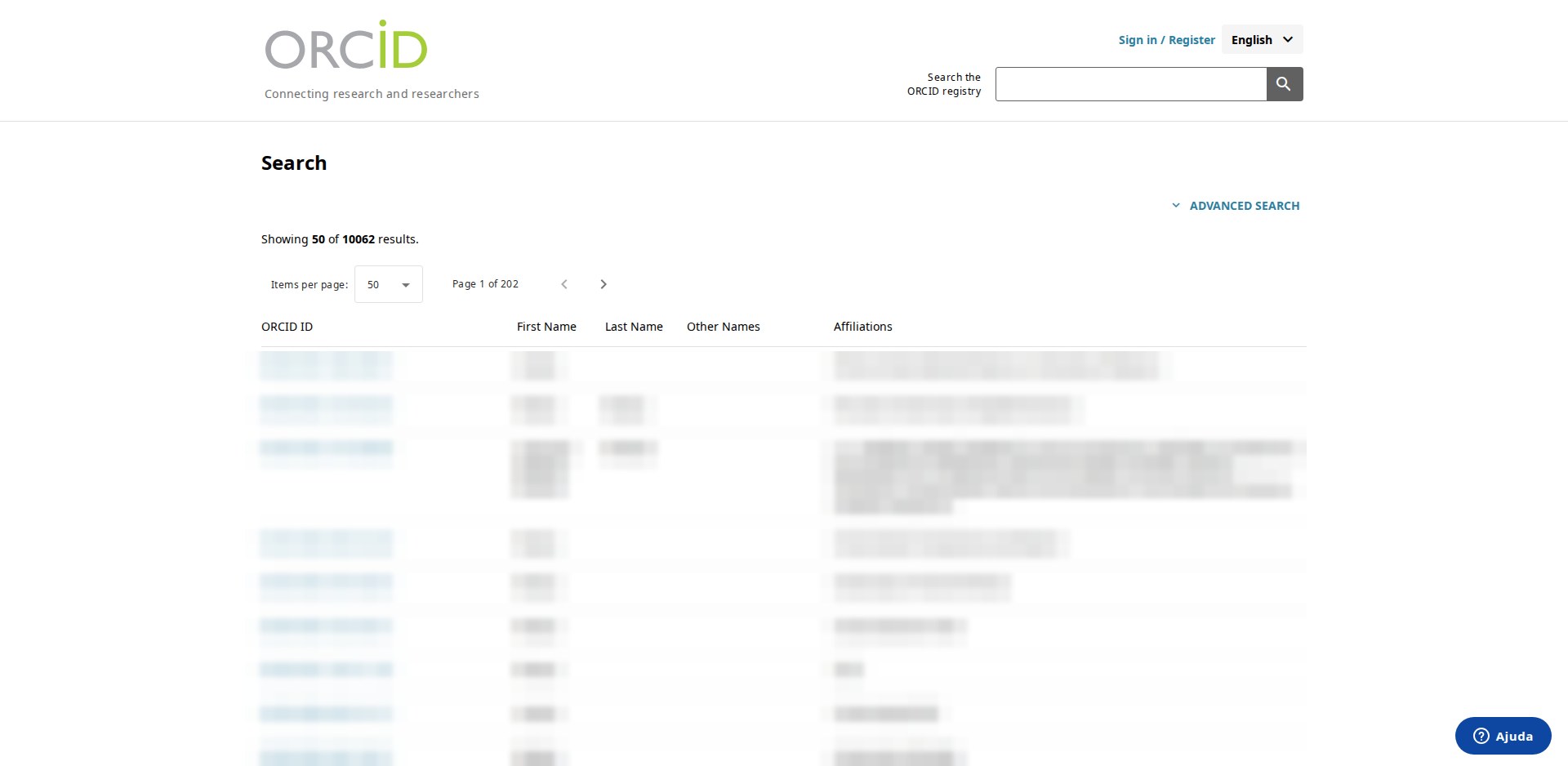 Resultado da busca do registro ORCID pelo termo matias, com a mensagem Showing 50 of 10062 results e a tabela com as colunas ORCID ID, First Name, Last Name, Other Names e Affiliations, dados pixelados