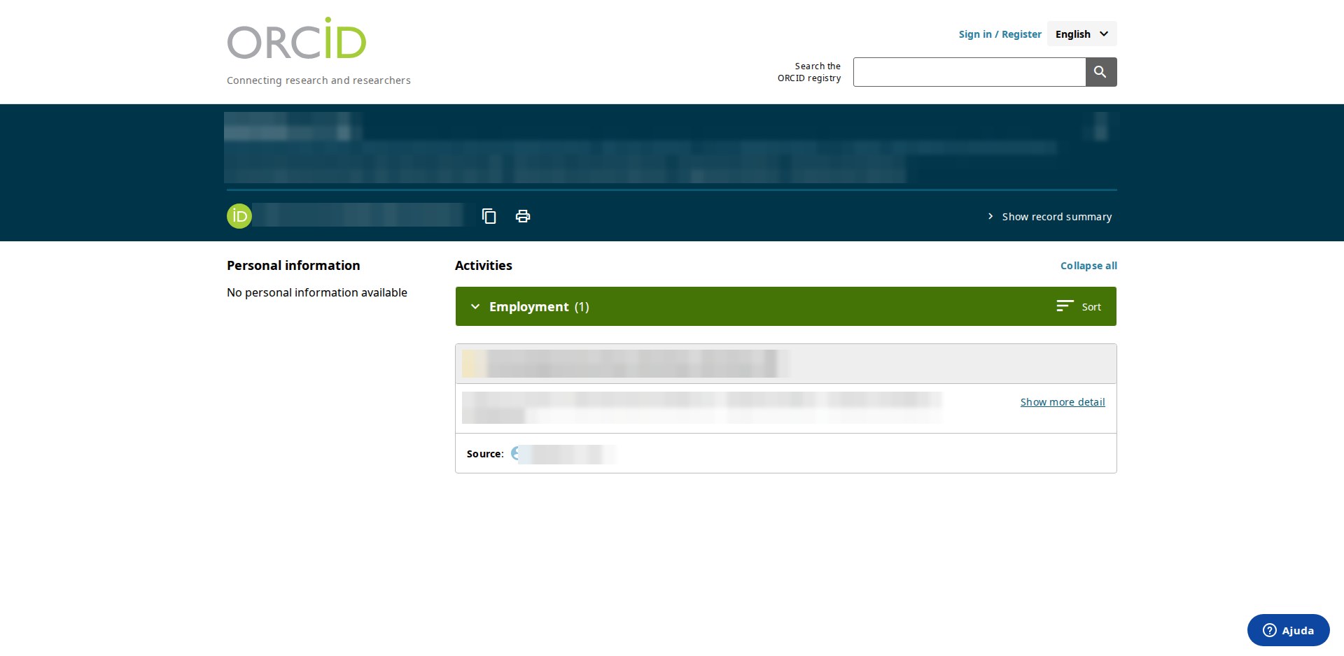 Registro público ORCID com cabeçalho pixelado: nome publicado, Also known as, afiliação, o iD com os botões de copiar e imprimir, Show record summary, e as seções Personal information e Activities com Employment e a coluna Source