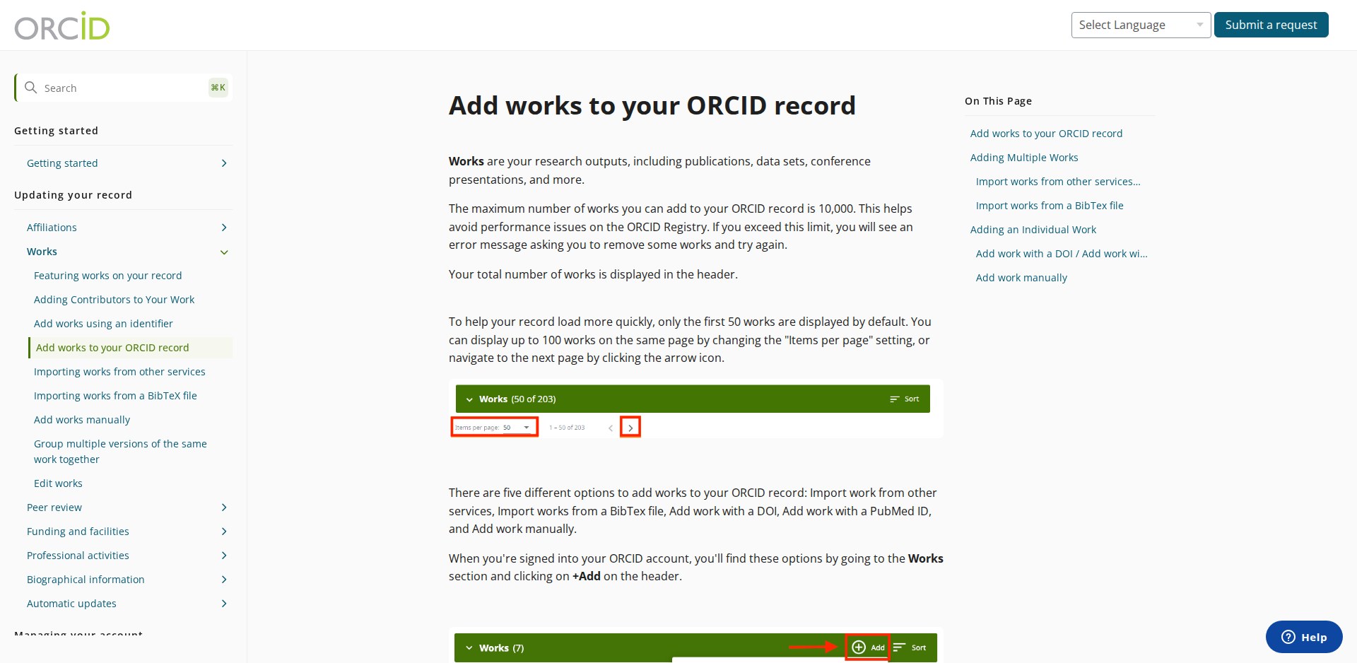 Artigo Add works to your ORCID record na central de ajuda da ORCID, com o índice lateral (Getting started, Updating your record, Works, Affiliations, Managing your account, Account settings, Technical resources, Re-using your data) e o texto sobre as cinco opções