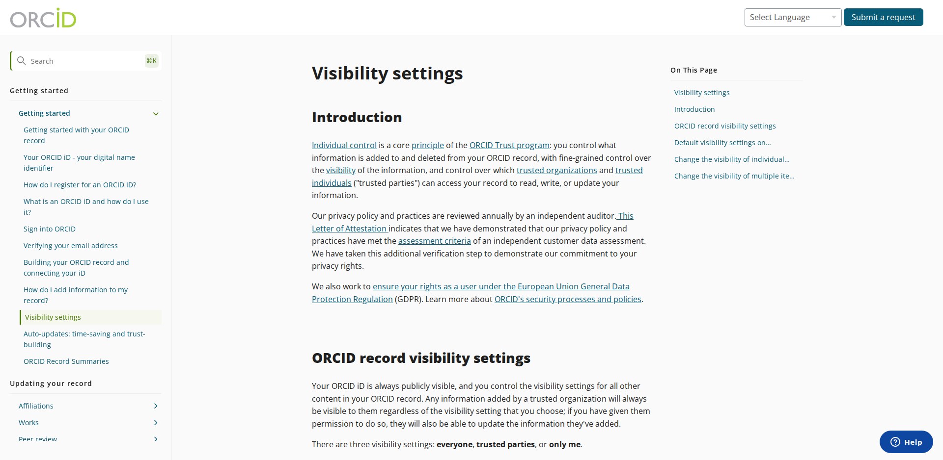 Artigo Visibility settings na central de ajuda da ORCID, com o texto sobre o controle individual como princípio do programa ORCID Trust e os três níveis de visibilidade: everyone, trusted parties, only me