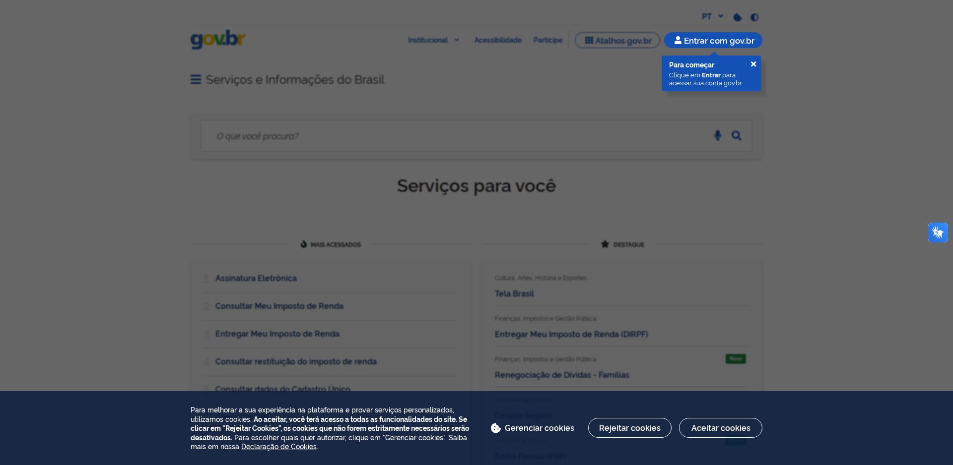 Portal gov.br, Serviços e Informações do Brasil, com o botão Entrar com gov.br e o aviso de cookies aberto