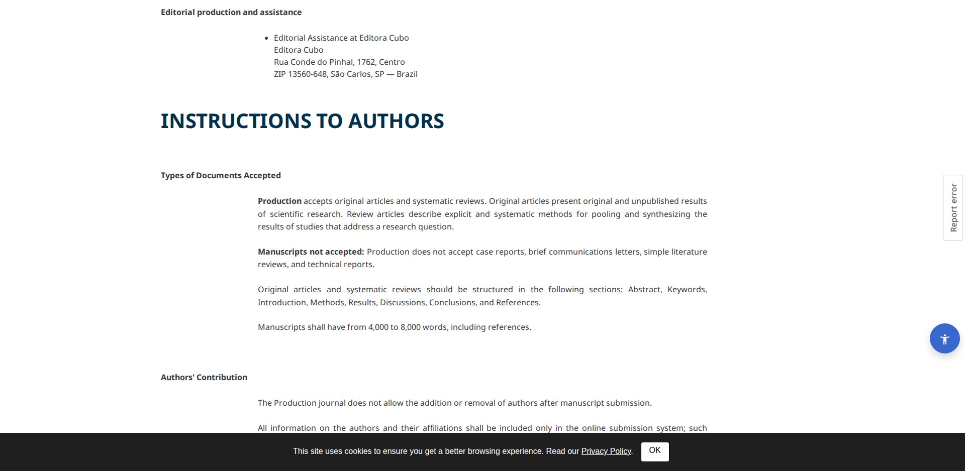 Página Instructions to authors da revista Production no SciELO, com as regras de extensão, idioma, carta de apresentação, tipos de artigo aceitos, estrutura, revisão duplo-cega, Similarity Check, CRediT, conflito de interesses, dados abertos, licença CC-BY e ausência de taxas
