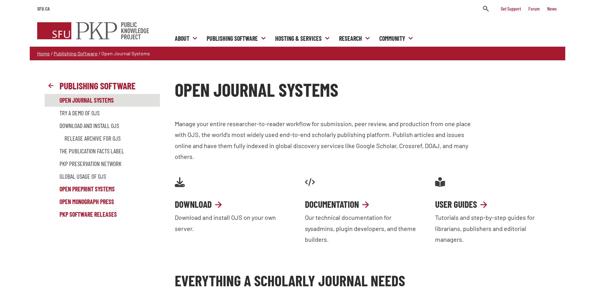 Página do Open Journal Systems no site do Public Knowledge Project, com a descrição da plataforma de publicação de periódicos de código aberto mais usada do mundo e os links para download, documentação e guias