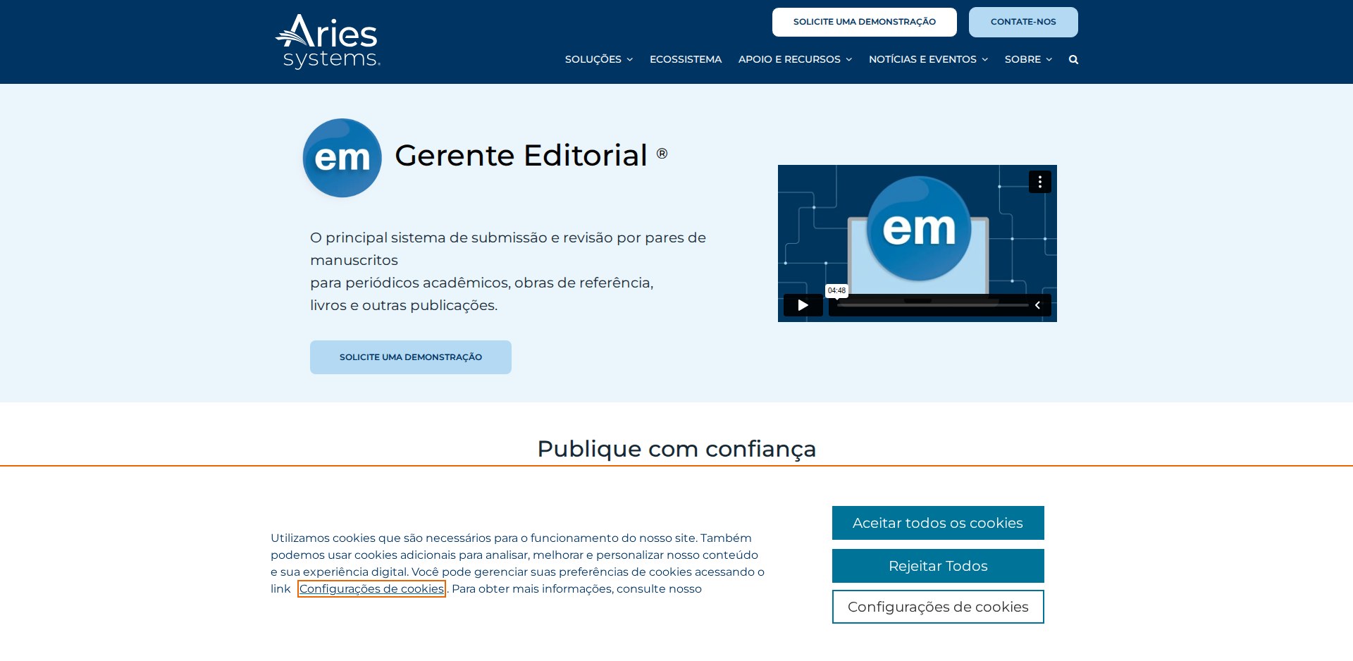 Página do Editorial Manager da Aries Systems em português, com o título Gerente Editorial, a descrição do sistema de submissão e revisão por pares e o aviso de cookies aberto