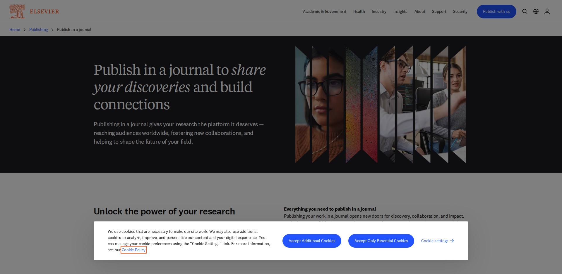 Página Submit your paper da Elsevier, com o texto Publish in a journal to share your discoveries and build connections e as etapas do processo de publicação, com o aviso de cookies aberto
