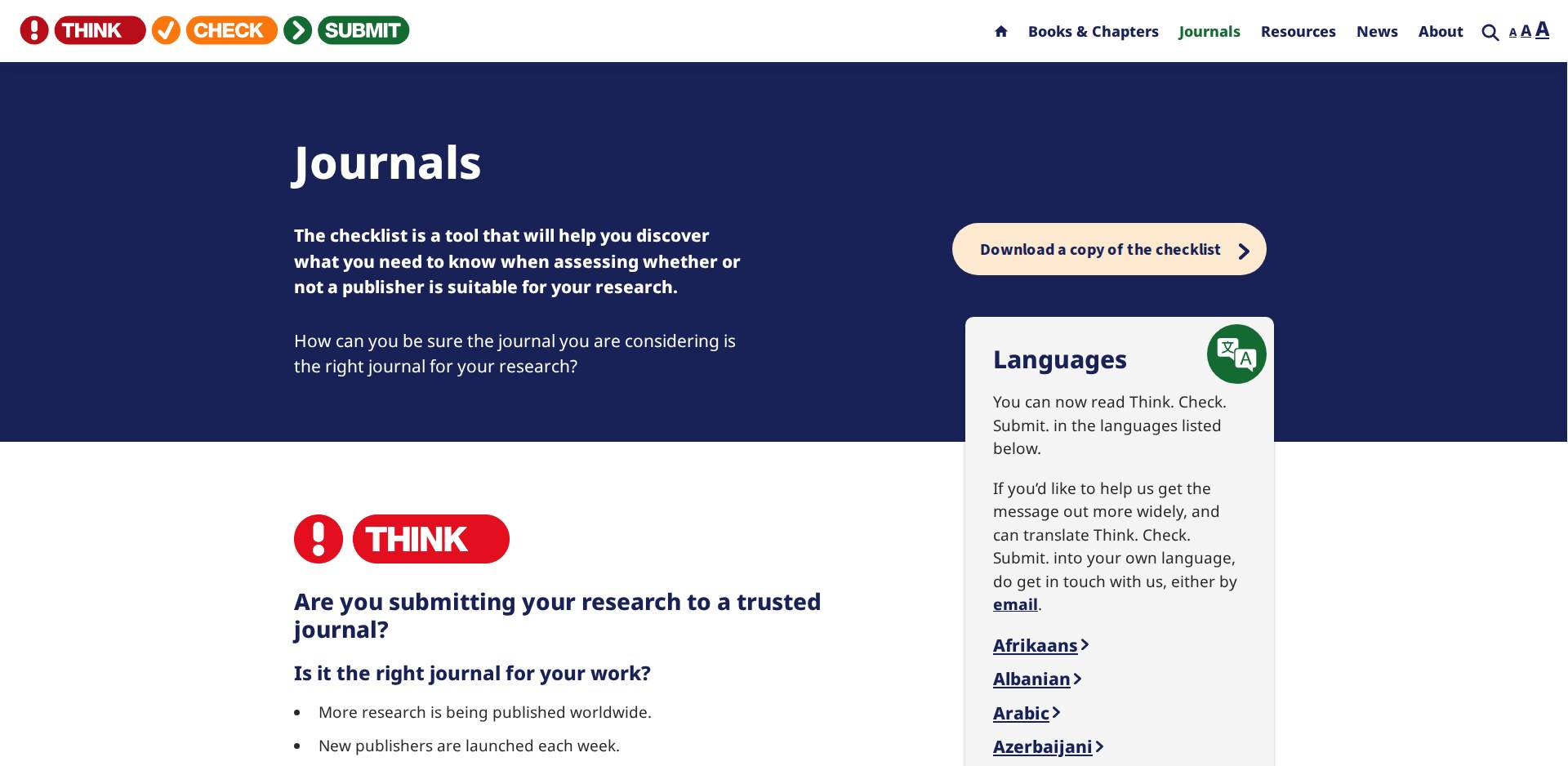 Página Journals do Think. Check. Submit. com as seções Think, Check e Submit e o checklist de perguntas para avaliar se um periódico é confiável