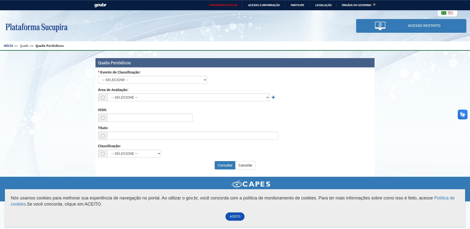 Tela Qualis Periódicos da Plataforma Sucupira da CAPES, com os filtros Evento de Classificação, Área de Avaliação, ISSN, Título e Classificação, sem resultado de busca