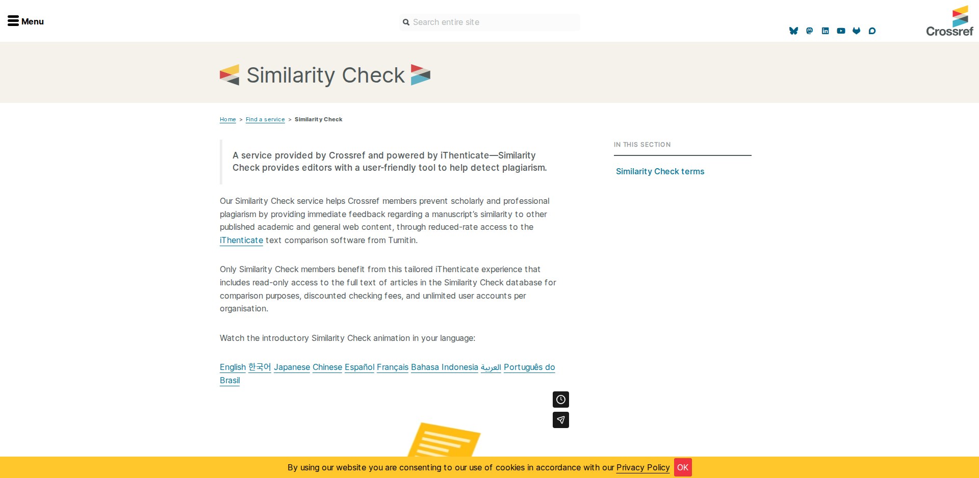 Página do Similarity Check no site do Crossref, descrevendo o serviço powered by iThenticate, o banco de mais de 78 milhões de itens de texto completo e o relatório com Similarity Score