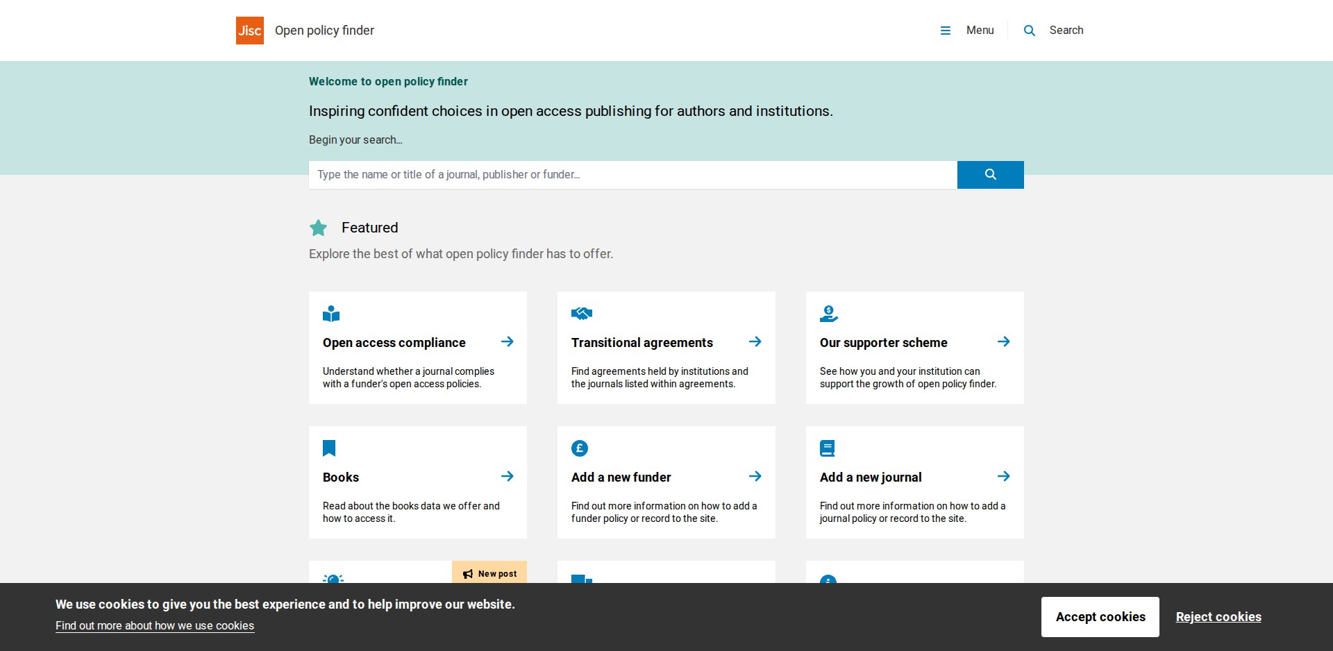 Página inicial do Open policy finder da Jisc, com o lema Inspiring confident choices in open access publishing for authors and institutions, a busca por periódico, editora ou financiador e o aviso de cookies aberto