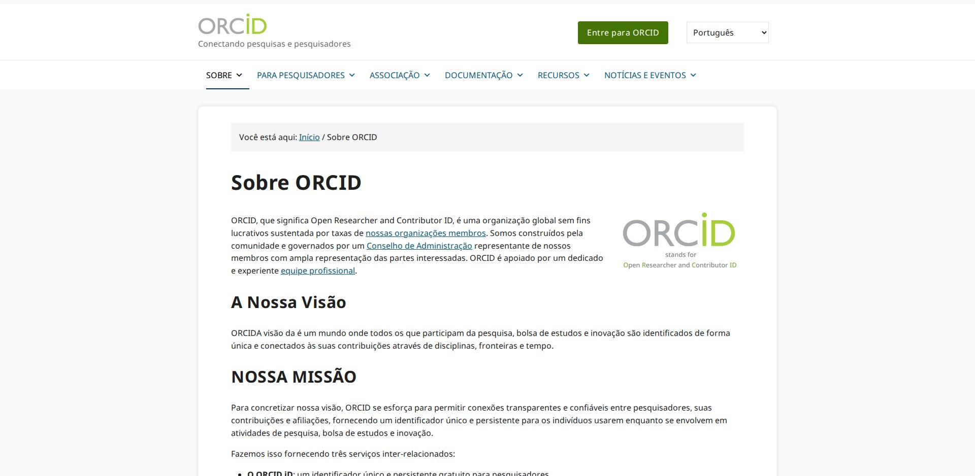 Página O que é ORCID em português no site info.orcid.org, com a definição da organização sem fins lucrativos, os três serviços (ORCID iD, registro e APIs) e os princípios