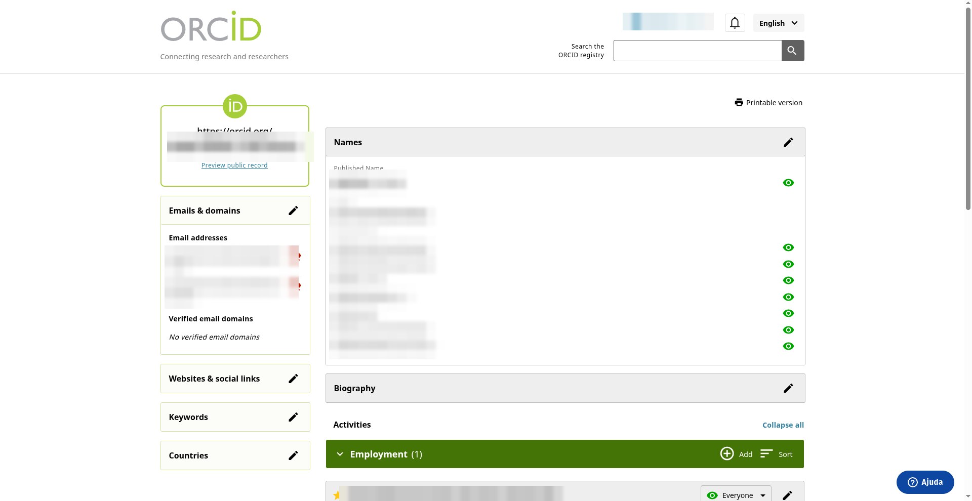 Tela My ORCID logada, com a coluna esquerda (iD, Preview public record, Emails & domains, Verified email domains, Websites & social links, Keywords, Countries) e o centro com Names, Biography e Activities: Employment (1), Education and qualifications (0), Professional activities (0), Funding (0), Featured works e Works (0); dados pessoais pixelados