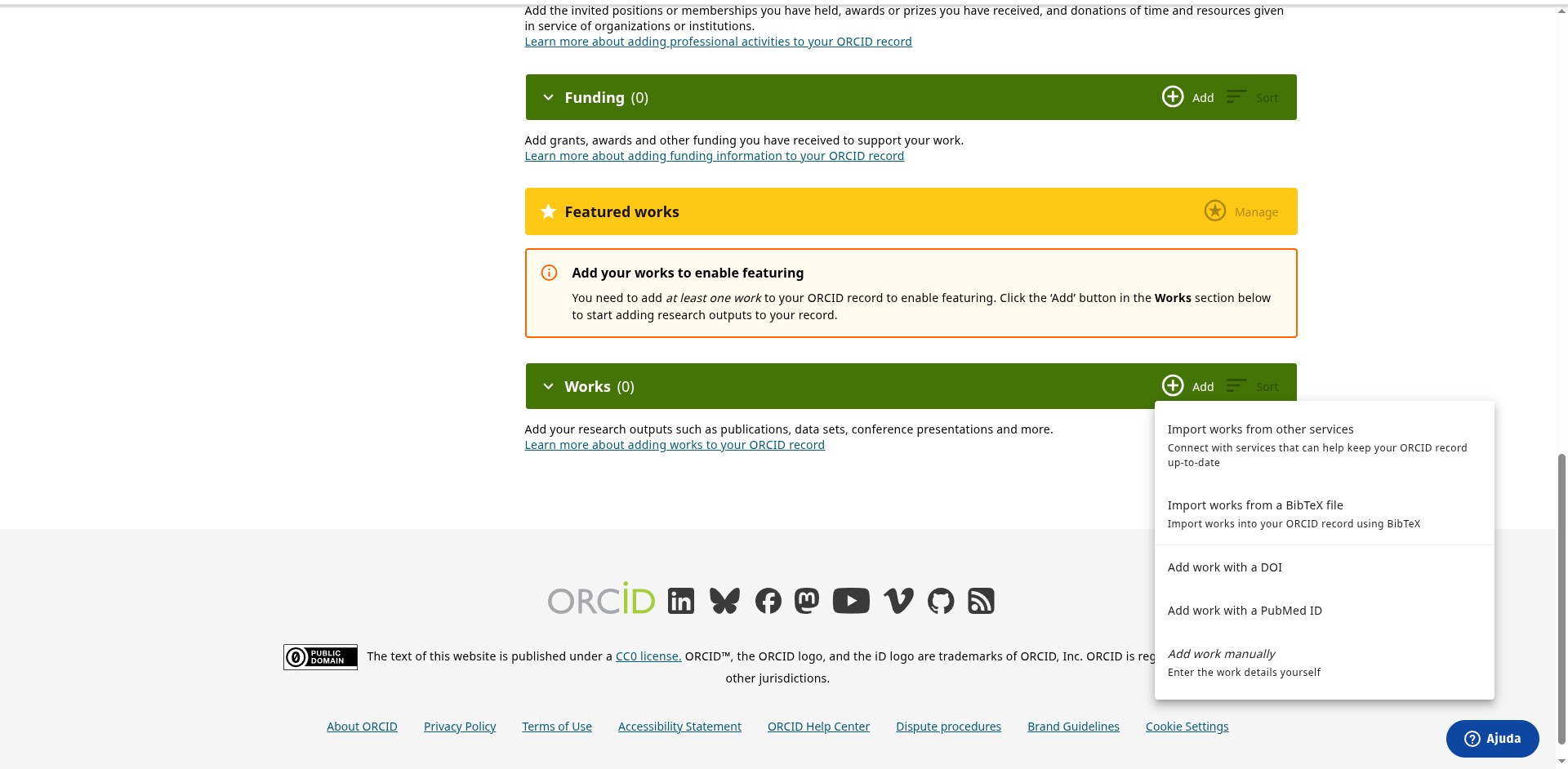 Menu Add da seção Works na tela My ORCID, com as opções Import works from other services, Import works from a BibTeX file, Add work with a DOI, Add work with a PubMed ID e Add work manually; dados pessoais pixelados