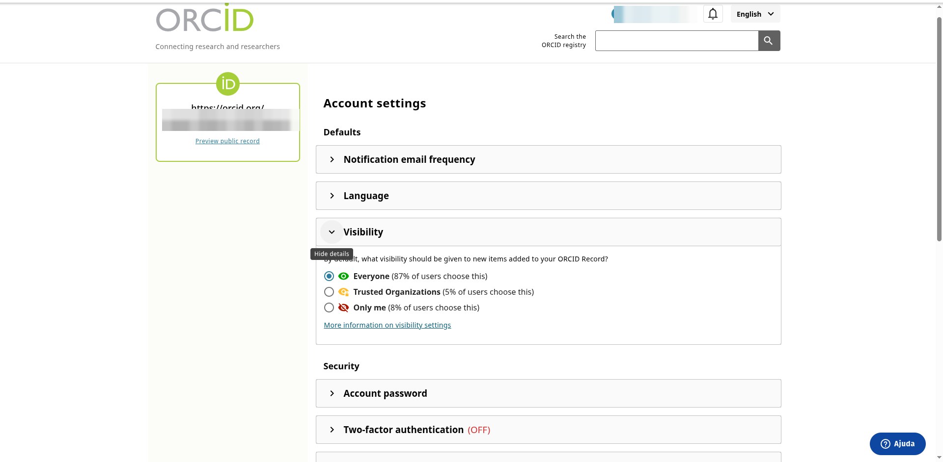 Tela Account settings com Defaults (Notification email frequency, Language, Visibility com as opções Everyone 87% of users choose this, Trusted Organizations 5%, Only me 8%) e Security (Account password, Two-factor authentication OFF); dados pessoais pixelados