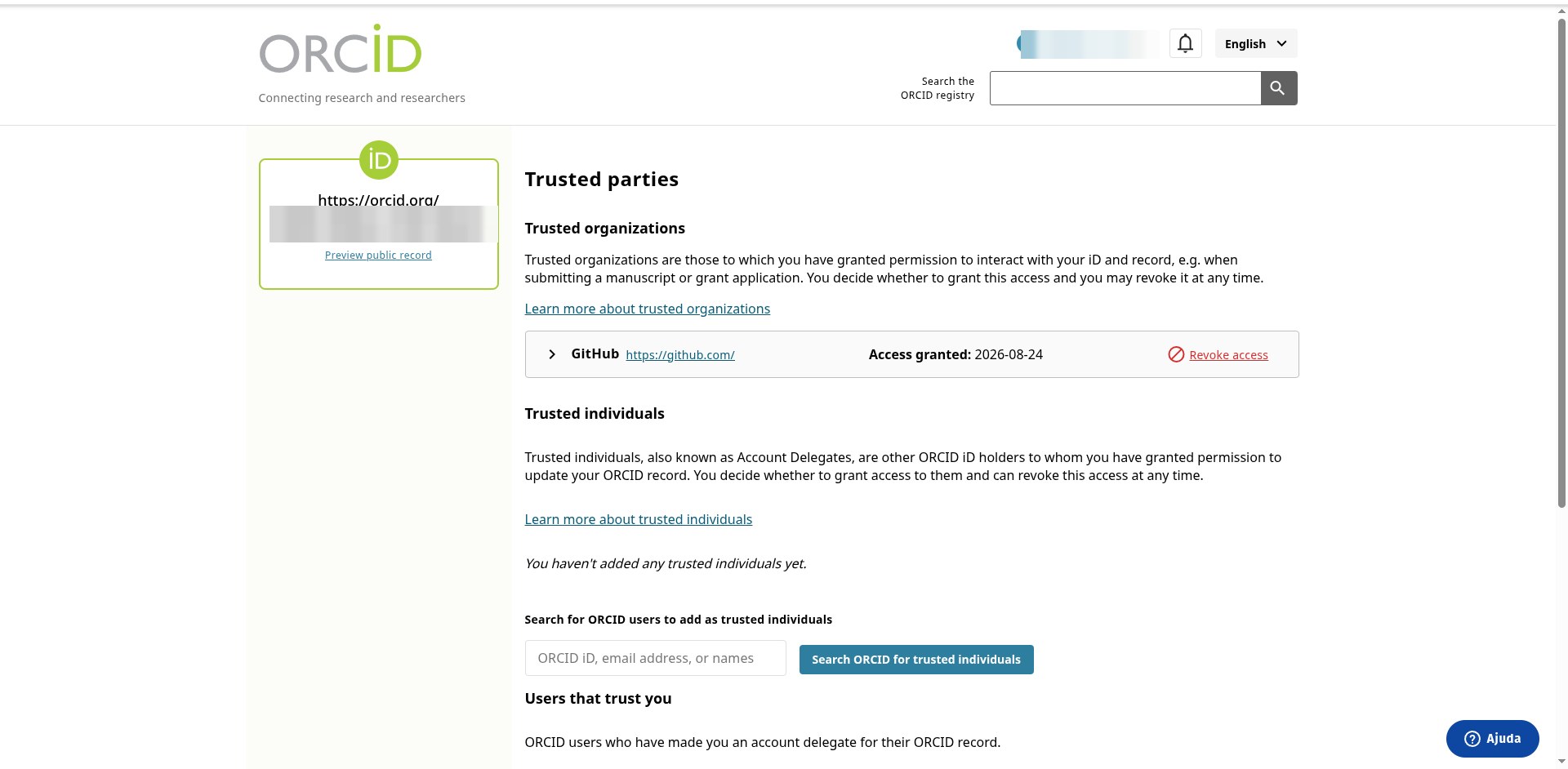Tela Trusted parties com as seções Trusted organizations (exemplo: GitHub, Access granted 2026-08-24, botão Revoke access), Trusted individuals (Account Delegates) e Users that trust you; dados pessoais pixelados