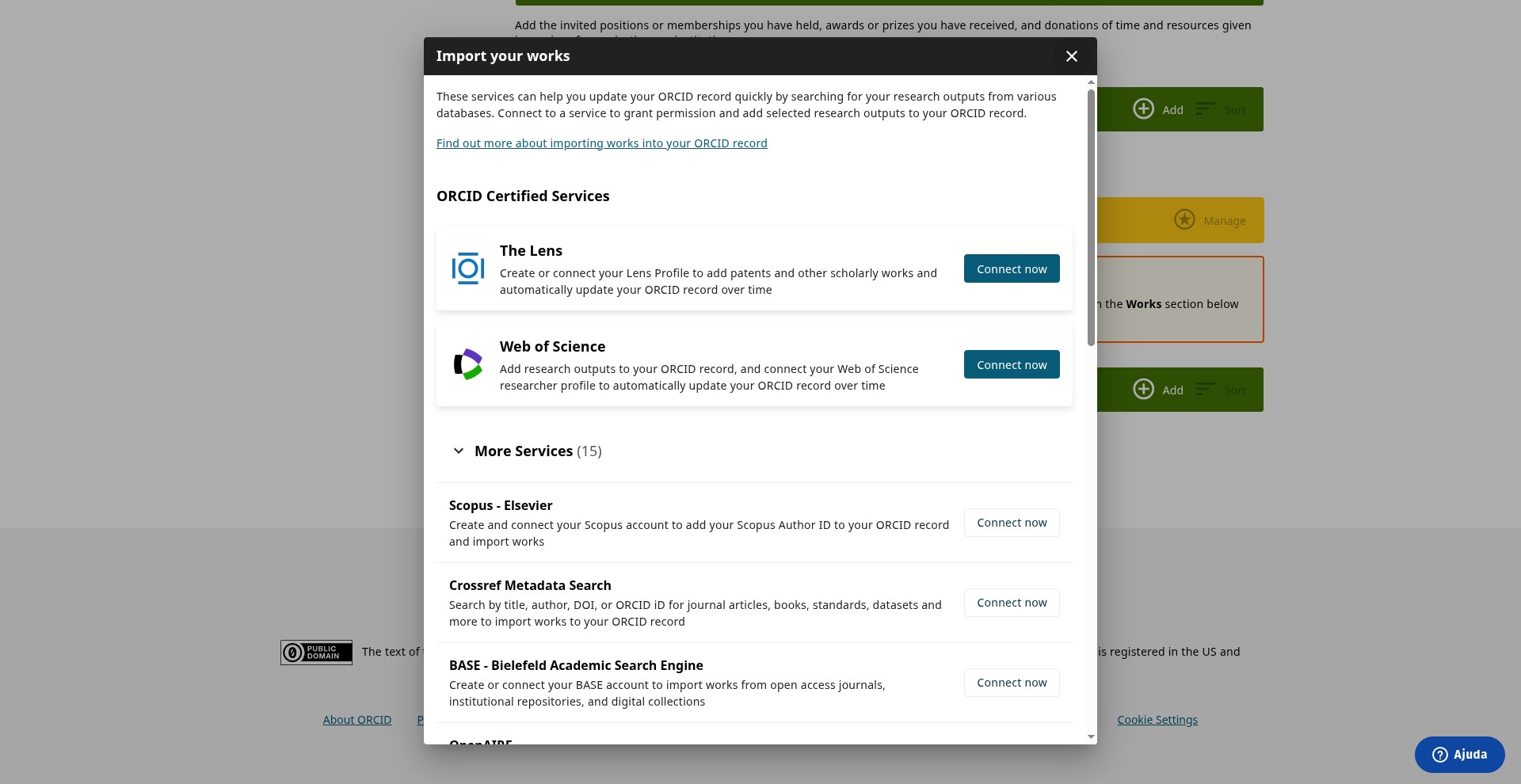 Diálogo Import your works com a lista ORCID Certified Services (The Lens, Web of Science) e More Services (15) com Scopus - Elsevier, Crossref Metadata Search, BASE e OpenAIRE, cada um com o botão Connect now; dados pessoais pixelados